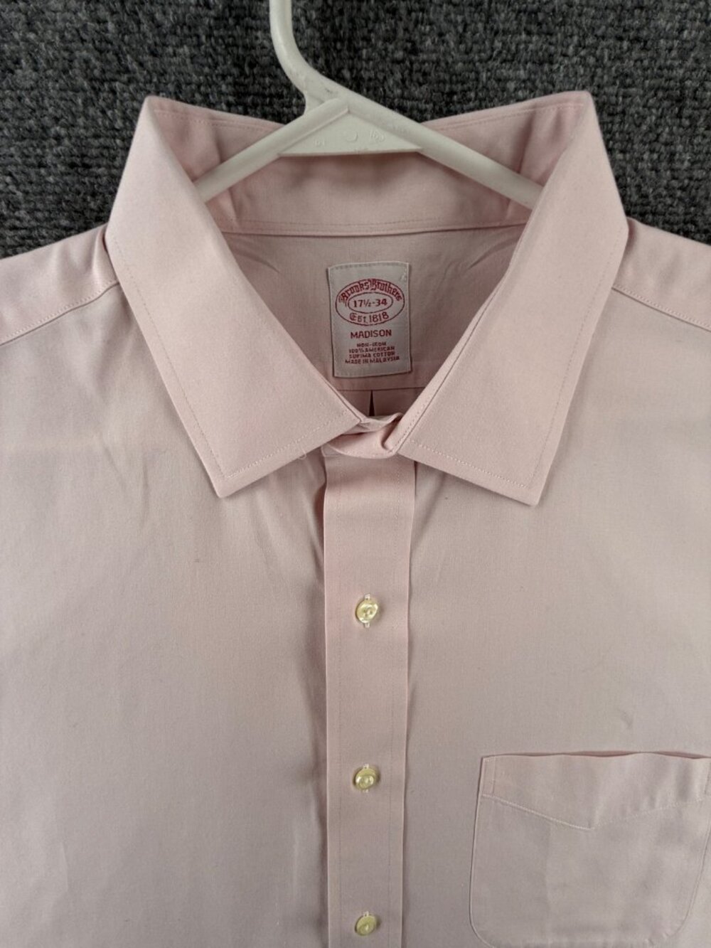 Brooks Brothers Non-Iron Madison Cotton 17.5 34 Pink Pocket Solid Shirt Preppy